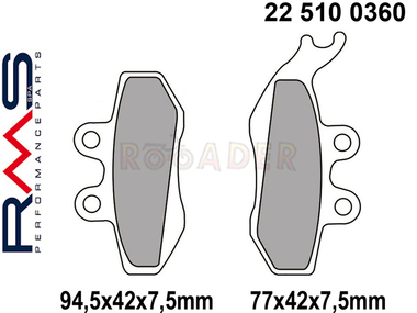 Klocki hamulcowe RMS 22 510 0360 (FA194, MCB664, MCB734) - APRILIA Classic, MX, Pegaso, RS, RX; BENELLI Velvet; BETA Alp, RR; CPI GTR; DERBI Senda; GILERA Dna, Runner; MALAGUTI F12, Madison, XSM; PEUG