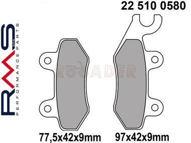Klocki hamulcowe RMS 22 510 0580 (FA228) - DAELIM A-Four; HONDA CA, CMX; KYMCO Agility, Filly, Like, People, Vitality, Yup; MALAGUTI Blog, Centro, TGB 203, Akros