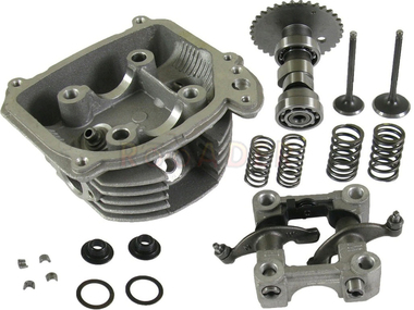 Głowica do silnika GY6 150cm3 - do maxiskuterów Romet, Barton, Junak, Zipp 150cm3, Ø57,40mm (komplet z zaworami i dźwigienkami + wałek rozrządu, do montażu) z wyjściem na zawór spalin