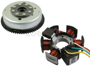 Stojan alternatora DERBI GPR, Senda, Bultaco, DRD 50; APRILIA RS50, RX50, RS4, SX50; GILERA GSM, RCR, RK, SMT 50, Surfer, Zulu 50 (6 cewek) + koło magnesowe (z wieńcem 69 zębów)
