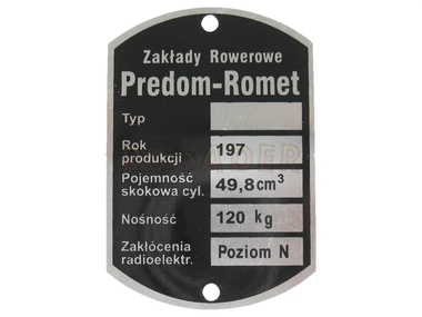 Tabliczka znamionowa ZR ROMET, PREDOM - ROMET 50T, Ogar 200/205, Pony, Kadet