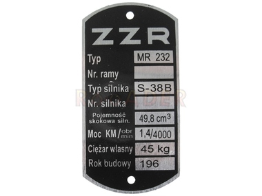 Tabliczka znamionowa ZZR - ROMET Komar typ MR 232
