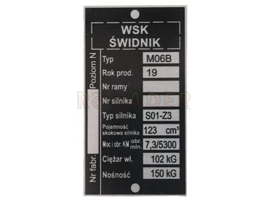 Tabliczka znamionowa WSK - typ M06 B (wersja 1)