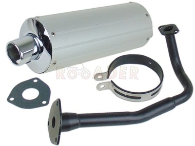 Tłumik GY6  50/80 - ROMET, ROUTER, BARTON, JUNAK, KYMCO, ZIPP i inne skutery z silnikiem 4T - srebrny (L-37cm) + kolanko i obejma