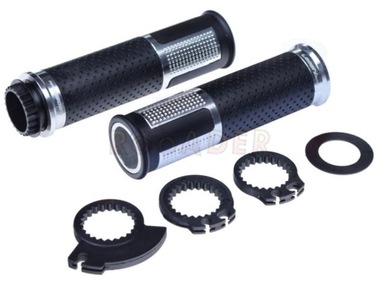 Manetki kierownicy LEOSHI model 654 czarno-srebrne + tuleja i trzy adaptery rolgazu