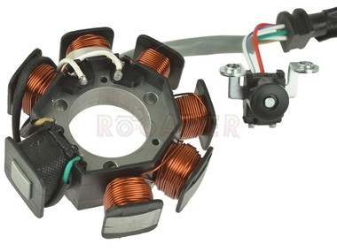 Stojan alternatora YAMAHA YBR, XT, TT-R 125cc 4T A/C; BETA RR; DERBI Senda; RIEJU MRT, RS2, SMX, Tango; SHERCO Citycorp; MOTORHISPANIA Duna, MH7 (7 cewek, zapłon AC)