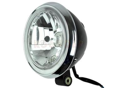 Lampa przednia JUNAK M12, M12 Vintage, M12 Cafe 125 - czarna z ramką chromowaną (żarówka H4, HS1)