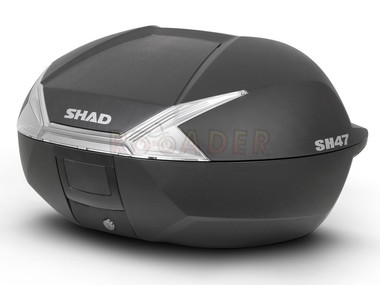 Kufer motocyklowy tylny 47 L - SHAD typ  SH47, czarny z białym odblaskiem + płyta montażowa