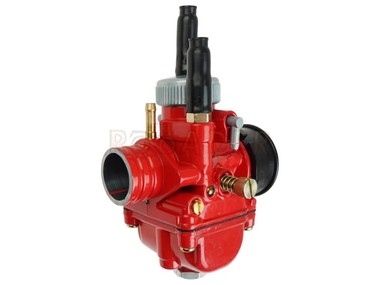 Gaźnik APRILIA, DERBI, GILERA, MALAGUTI, MBK, MOTORHISPANIA, PEUGEOT, RIEJU, SHERCO - motorowery z silnikami AM6 i D50B - gardziel 21,0mm, ssanie na linkę, czerwony (PHBG 21) + redukcja