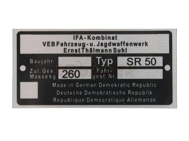 Tabliczka znamionowa SIMSON-IFA SR50