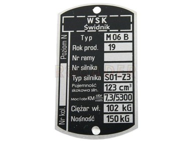 Tabliczka znamionowa WSK - typ M06 B (wersja 2)