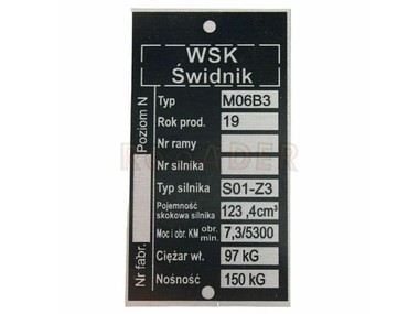 Tabliczka znamionowa WSK - typ M06 B3 (wersja 1)