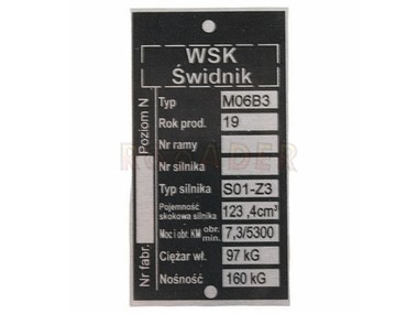 Tabliczka znamionowa WSK - typ M06 B3 (wersja 2)