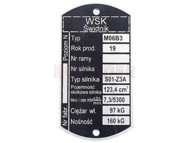 Tabliczka znamionowa WSK - typ M06 B3 (wersja 3)