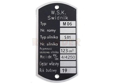 Tabliczka znamionowa WSK - typ M06 (wersja 4)