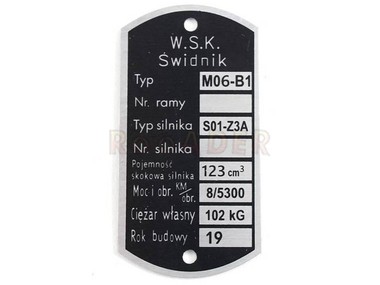 Tabliczka znamionowa WSK - typ M06 B1