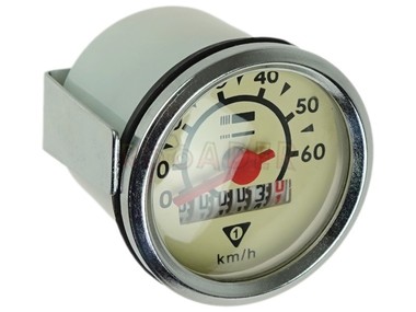 Licznik - prędkościomierz ROMET Komar, 50T, Ogar 200/205, Pony, Kadet - do 60km/h - Ø48mm, biały cyferblat, chromowana ramka