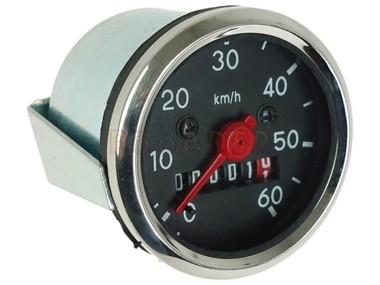 Licznik - prędkościomierz ROMET Komar, 50T, Ogar 200/205, Pony, Kadet - do 60km/h - Ø48mm, czarny cyferblat, chromowana ramka