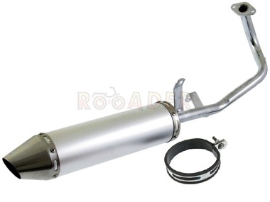 Tłumik GY6  50/80 - ROMET, ROUTER, BARTON, JUNAK, KYMCO, ZIPP i inne skutery z silnikiem 4T - TUNING, srebrny z kolankiem + obejma