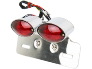 Lampa tylna uniwersalna OKO podwójne ze stelażem - obudowa chrom, klosz czerwony, DIODY LED - światło pozycyjne + światło stop + podświetlenie tablicy rejestracyjnej