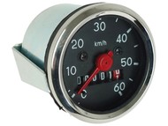 Licznik - prędkościomierz ROMET Komar, 50T, Ogar 200/205, Pony, Kadet - do 60km/h - Ø48mm, czarny cyferblat, chromowana ramka