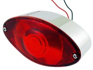 Lampa tylna uniwersalna OKO - obudowa chrom, klosz czerwony, żarówka - światło pozycyjne + światło stop + podświetlenie tablicy rejestracyjnej